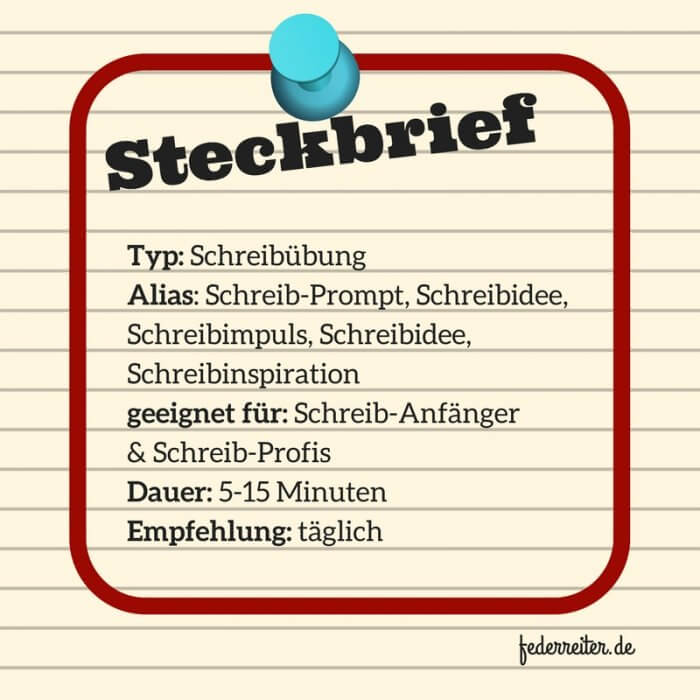 Steckbrief für Schreibübungen für Hobbyautoren und Schreibprofis