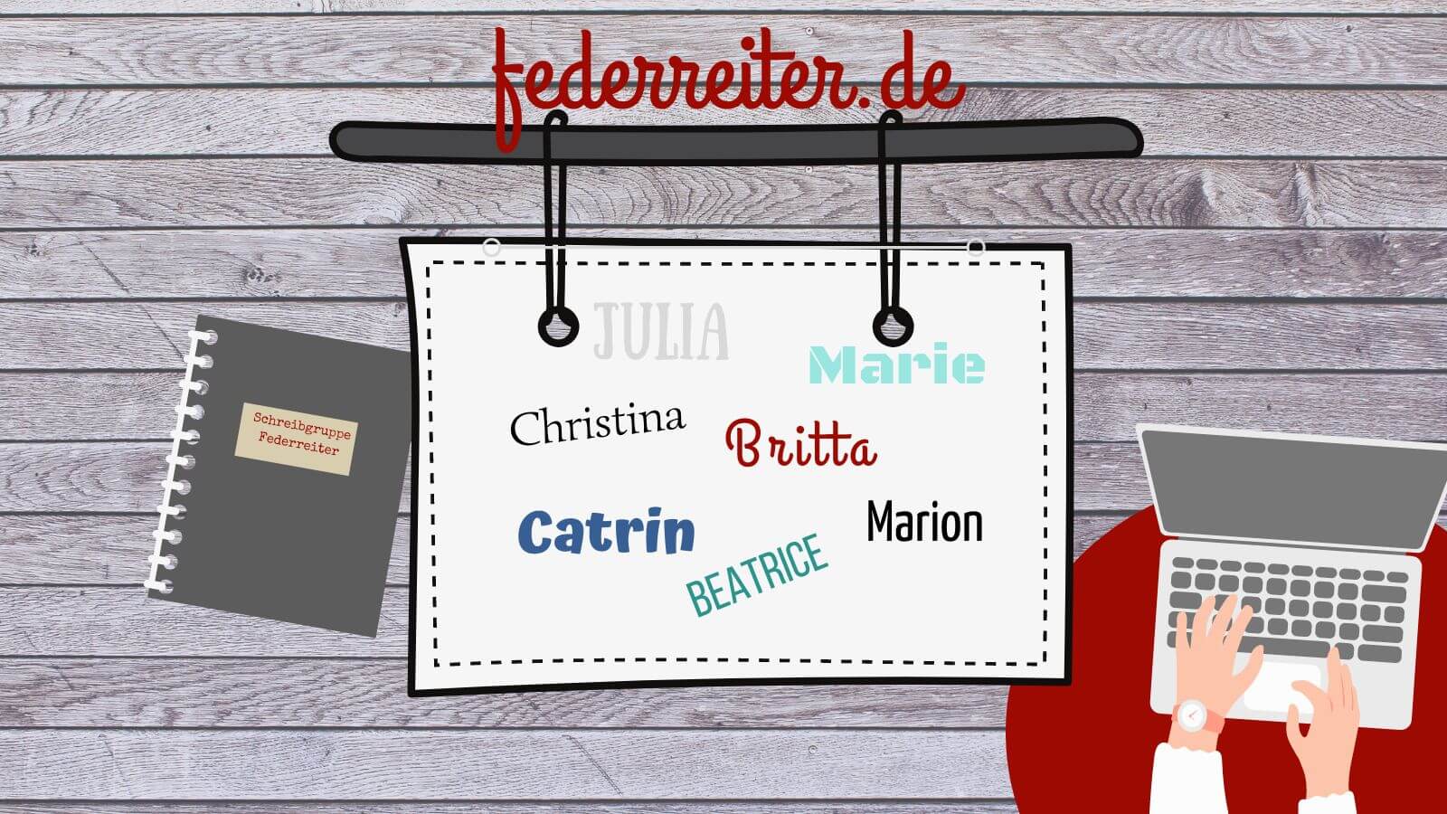 Autorinnen der Schreibgruppe Federreiter 2024: Beatrice, Britta, Catrin, Christina, Julia, Marie und Marion